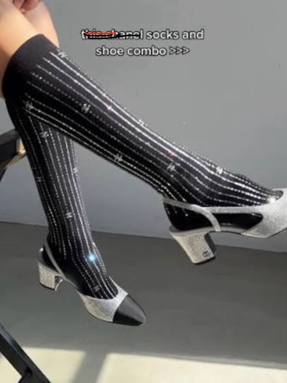 Double C Black ALL OVER CRYSTAL LOGO EMBELLISHED KNEE HIGHT SOCKS STUNNING 🤩